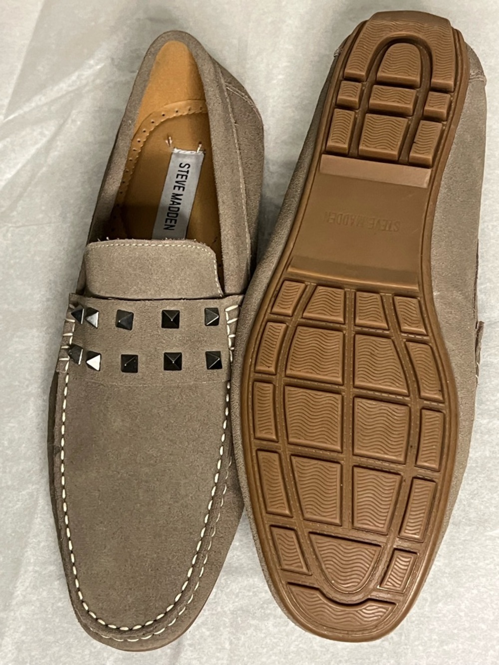 Steve Madden Taupe Suede Slip-On Loafers with Stud Accents